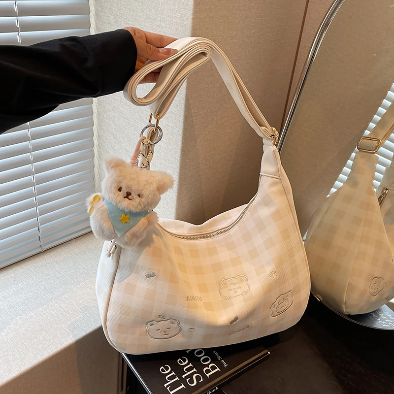 艾米兔女包2025新款撞色格纹设计大容量包包女休闲通勤单肩斜挎包