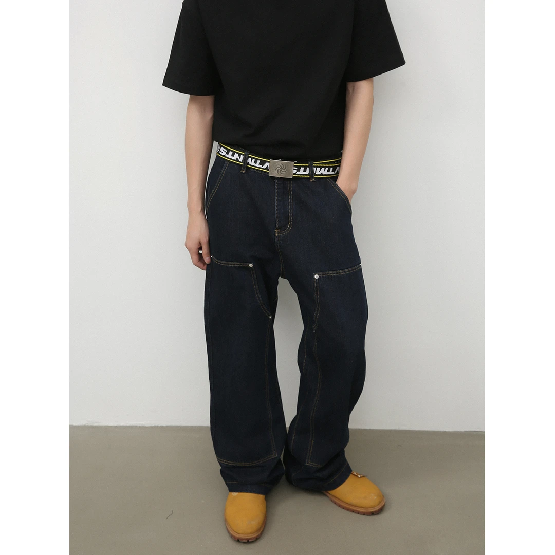 Faxims Store美式高街原色复古拼接伐木工装牛仔裤男宽松直筒长裤