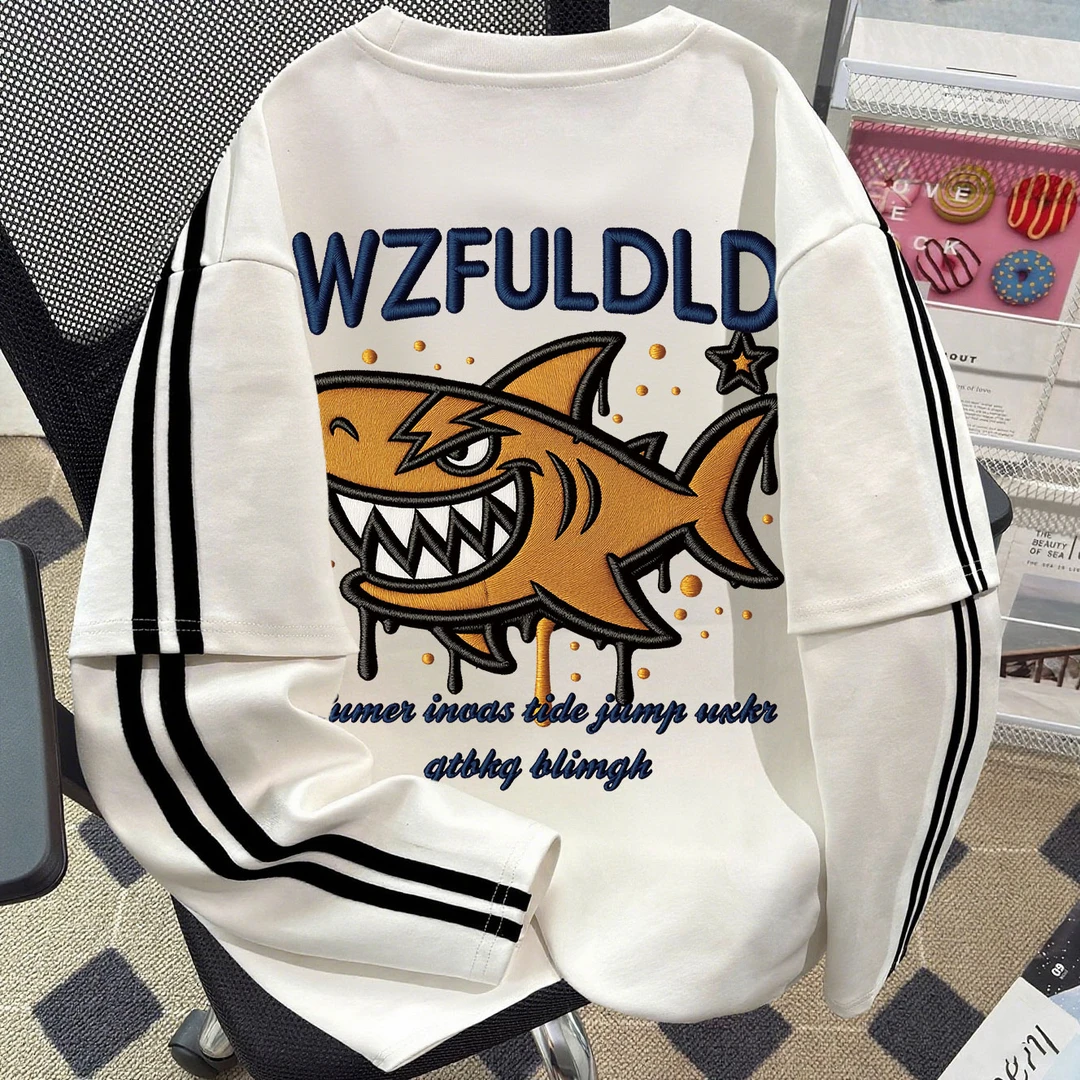 男女童纯棉长袖秋季新款美式仿刺绣鲨鱼字母印花中大童宽松上衣