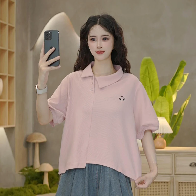 6753 夏季新款不规耳机刺绣斜领T恤女休闲百搭宽松翻领短袖上衣女