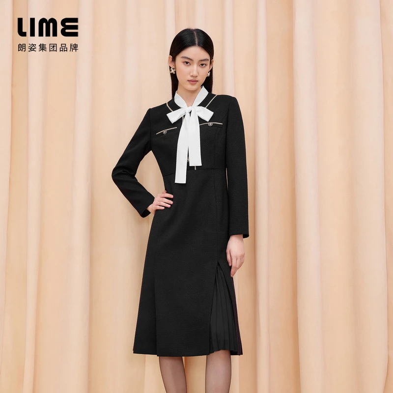 朗姿/莱茵【轻暖季】冬季飘带领鱼尾裙摆连衣裙黑色LDGD8CWOP806