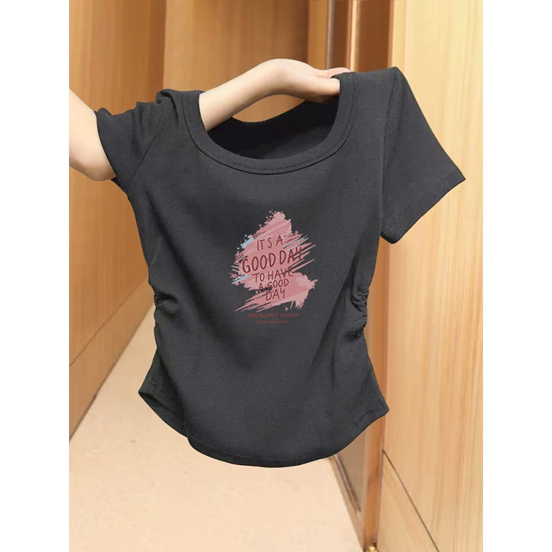 方领正肩短袖t恤女夏2025新款不规则收腰褶皱短款U领洋气纯棉上衣