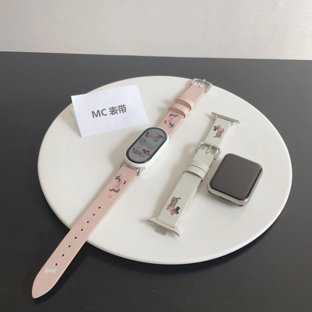 MC可爱腊肠狗小米手环9pro表带适用小米手环10/9/8代简约皮质腕带