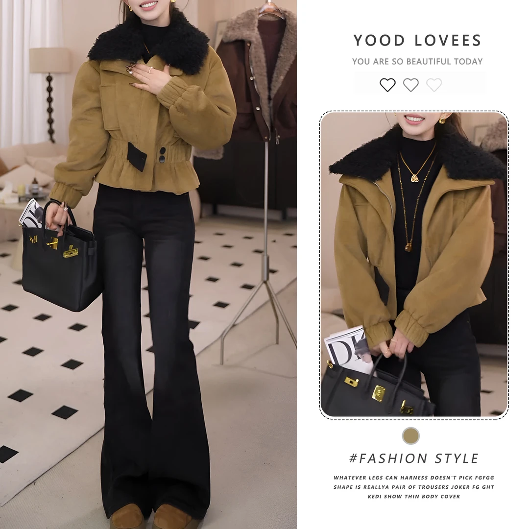 黄绿色气质收腰工装毛毛领短款外套女冬季2025新款加绒加厚夹克