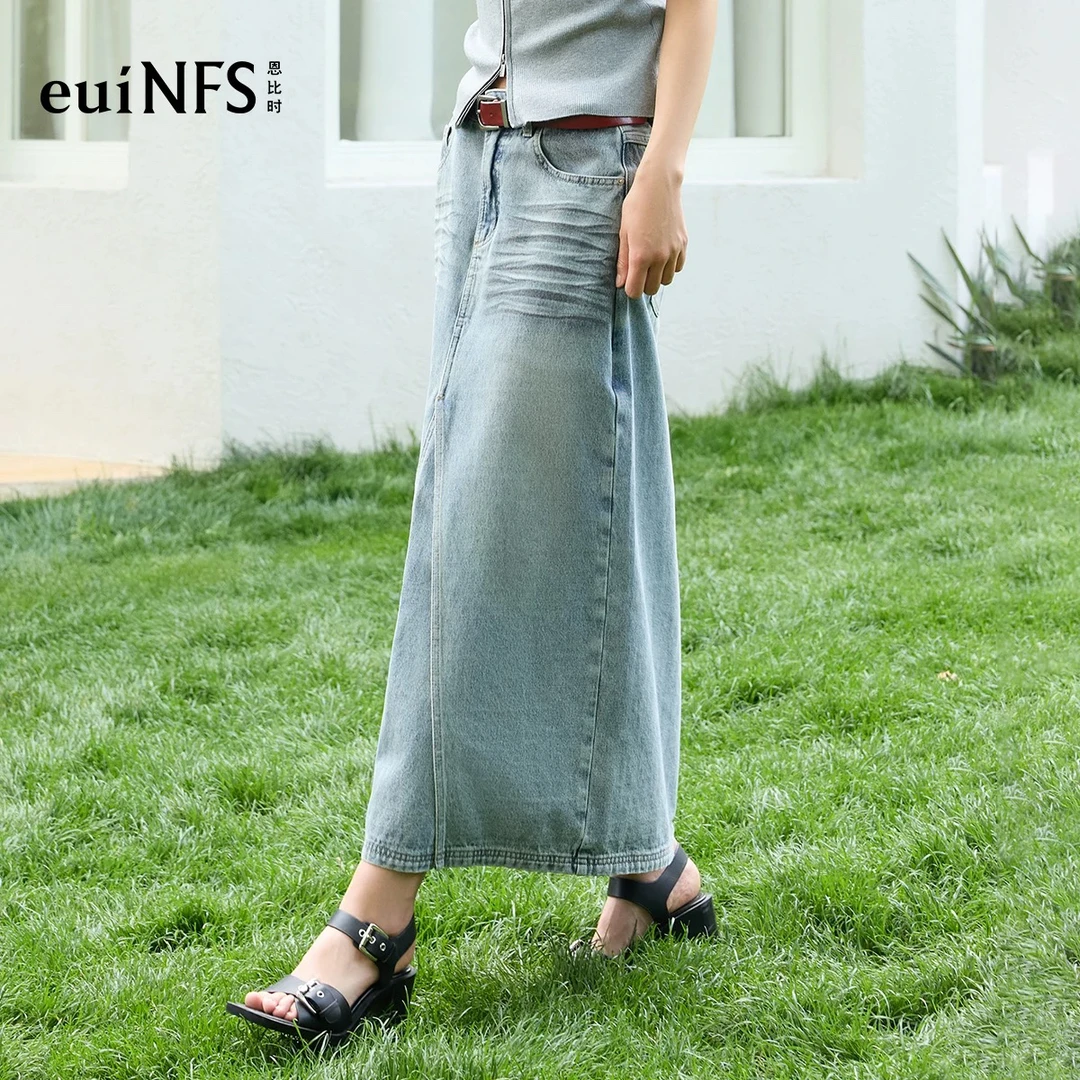 恩比时复古牛仔半身裙2025夏季新款设计感做旧气质优雅百搭长裙