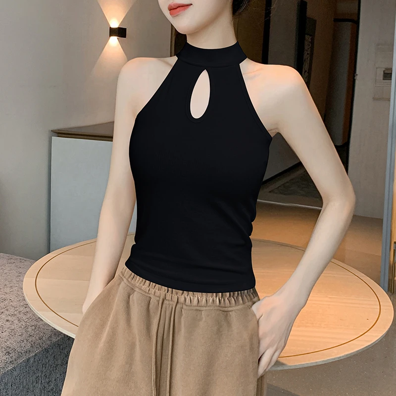 黑色挂脖吊带背心女内搭2025新款夏季镂空设计感美背打底无袖上衣