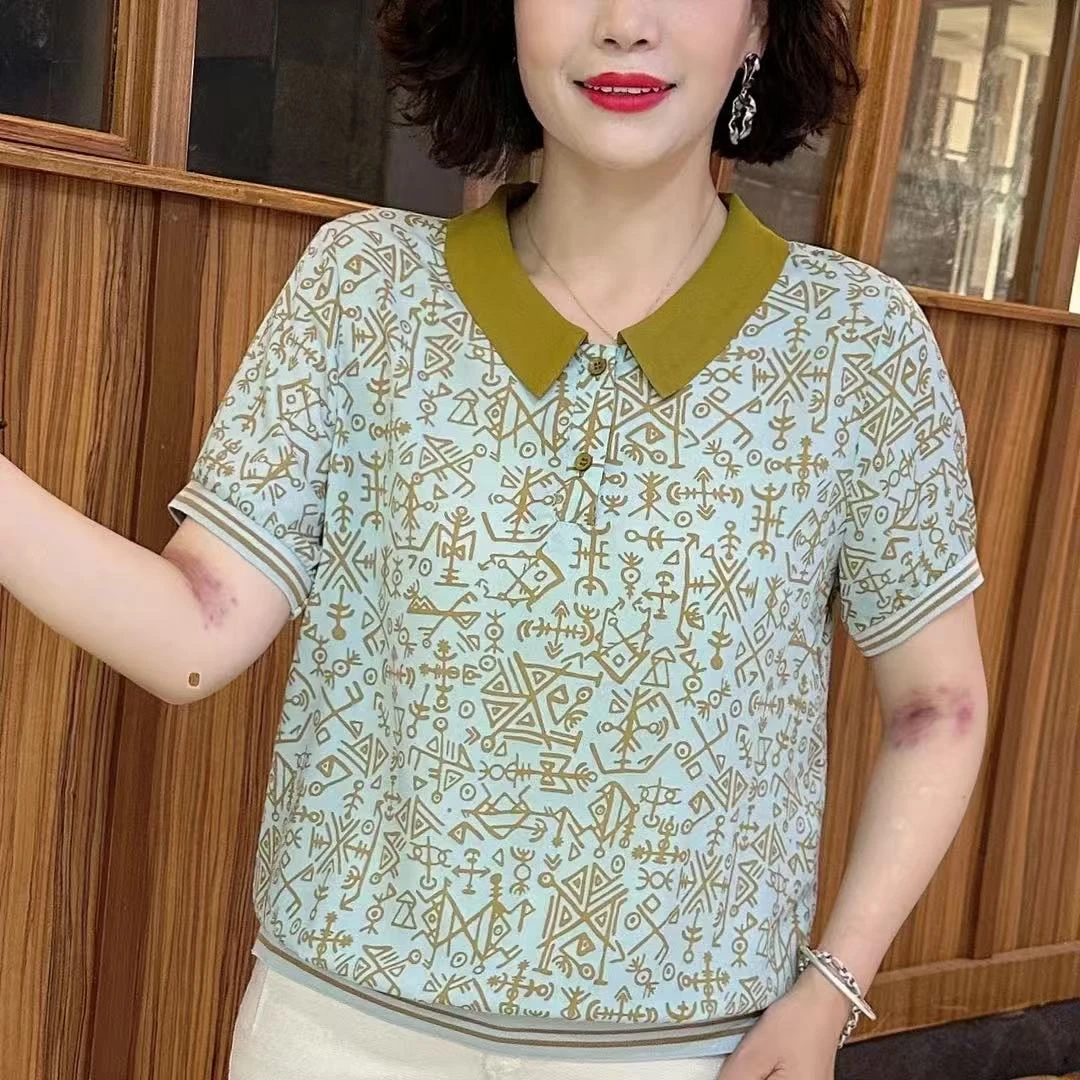 2025中老年时尚提花短袖夏季薄款小衫女装新款翻领宽松T恤衫百搭
