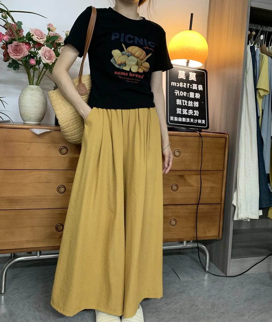 透气麻料松紧高腰休闲裤女25夏宽松百搭九分裤399