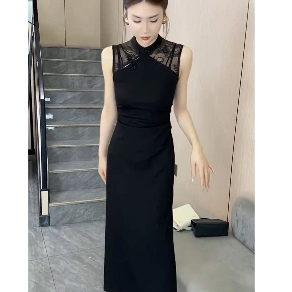 2025夏季网红新款小个子新中式无袖连衣裙女国风盘扣改良旗袍长裙