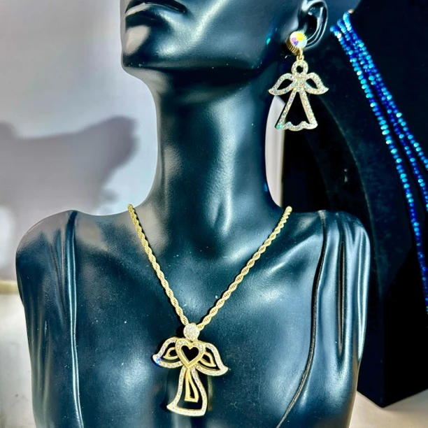 铜合金项链 复古轻奢满镶天使裙摆项链饰品手工设计简约个性套装