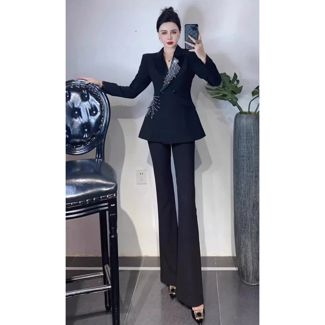 483高端职业装女总裁气质重工钉钻黑色收腰西装微喇裤两件套套装