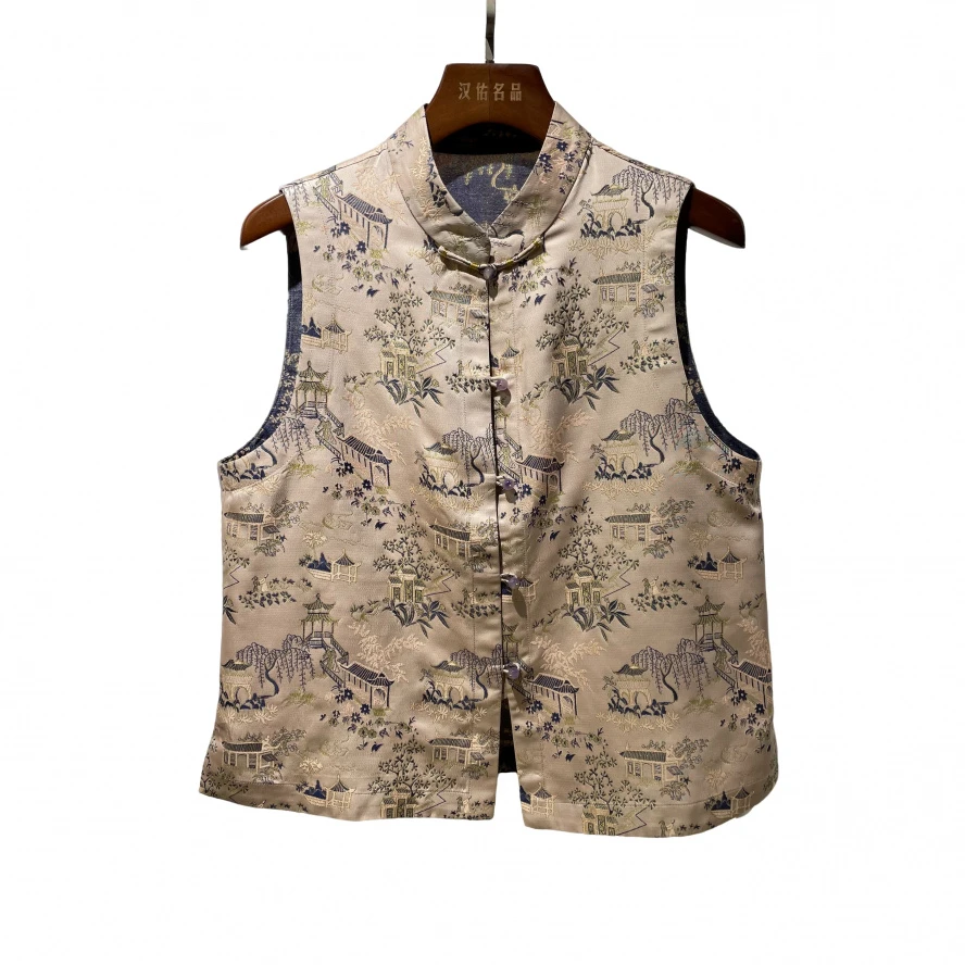 [亭台楼阁]新中式宋锦桑蚕丝国风双面穿马甲x072宋锦马甲