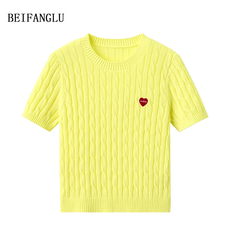 北方鹿早秋100棉柜单气质绞花刺绣爱心针织短袖26338