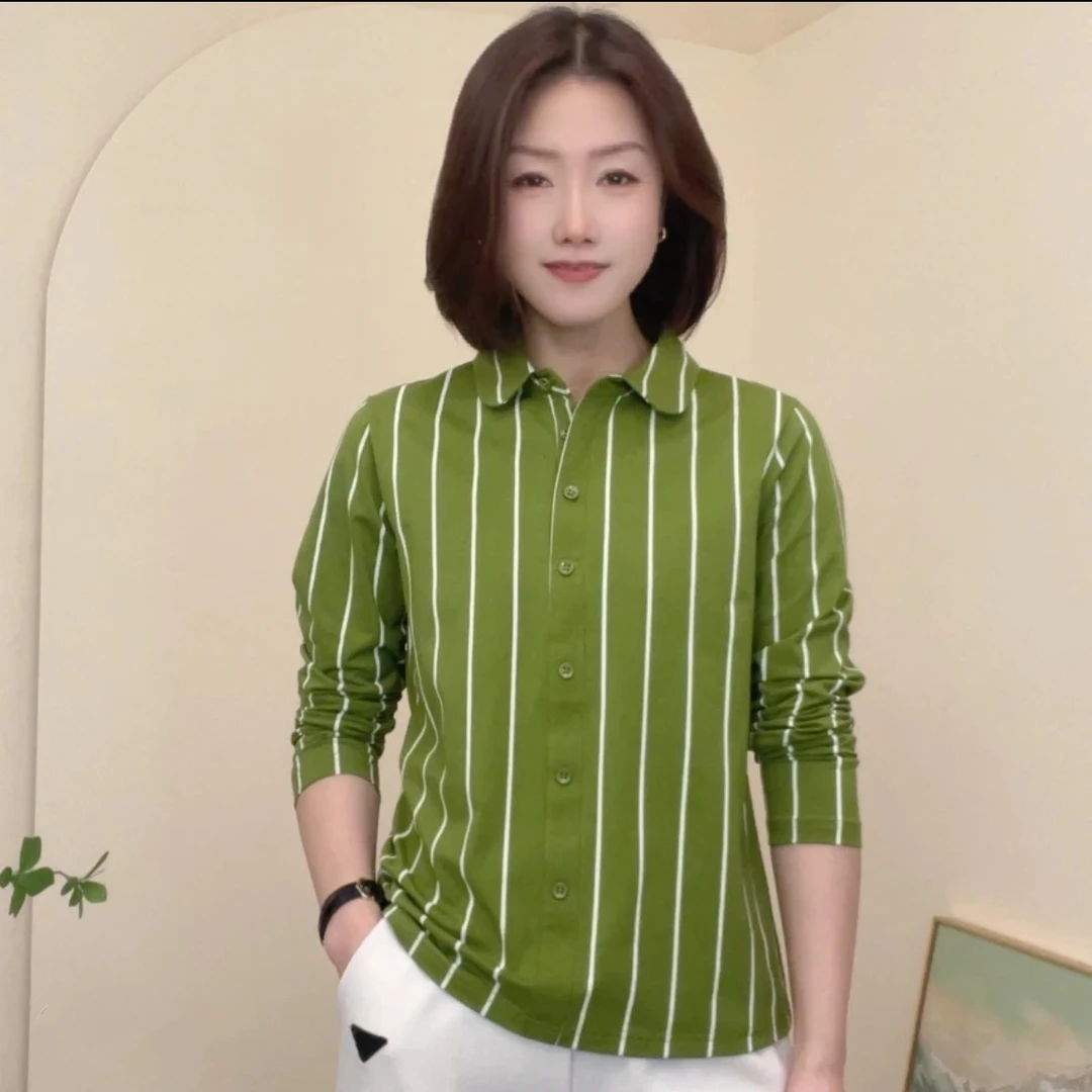 35430夏季新款休闲条纹长袖衬衣时尚百搭显瘦气质女士修身小衫