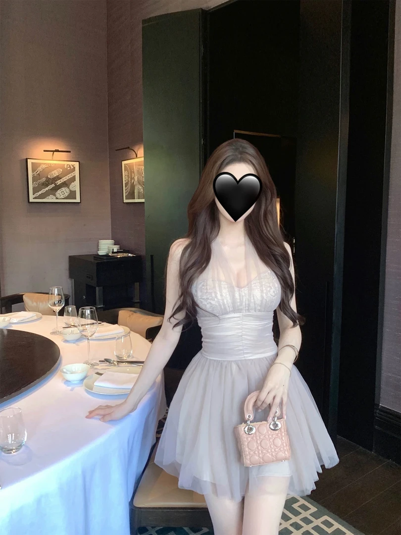 撩人心弦 网纱挂脖系带连衣裙女夏季气质刺绣蕾丝收腰修身蓬蓬裙