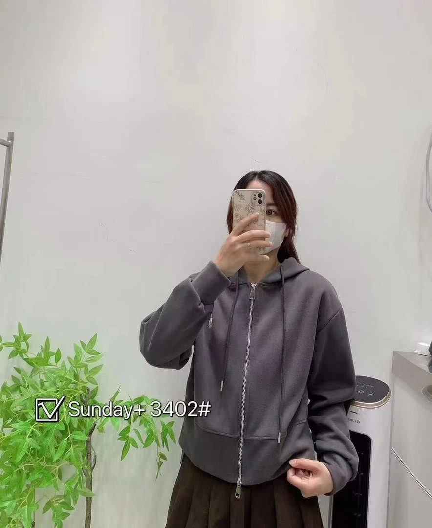 连帽秋季拉链黑色短款上衣女抽绳卫衣纯色韩版开衫