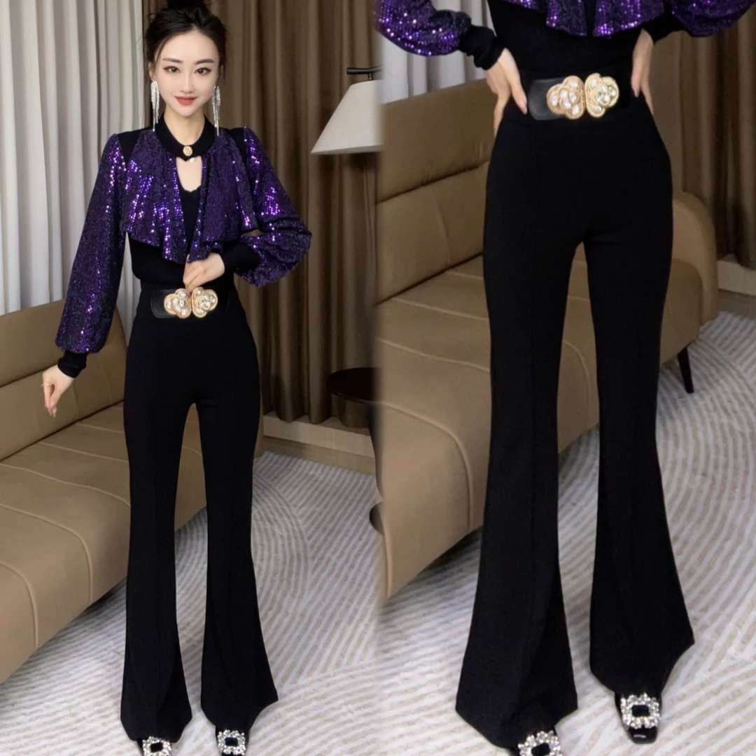 高腰时尚金属扣宽腰头微喇裤垂感显瘦微喇长裤