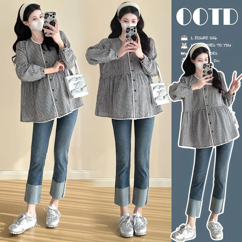 格子孕妇装2025早春新款花边黑白格纹薄款衬衫宽松百搭显瘦上衣