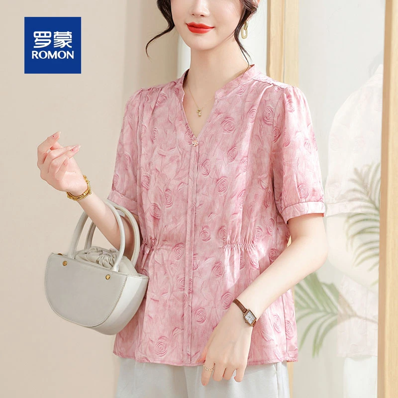 罗蒙中年妈妈夏装气质雪纺小衫套装贵夫人碎花短袖衬衫中老年女装