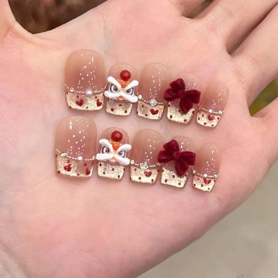法式裸色显白蝴蝶结短款纯手工穿戴甲高级感美甲贴片