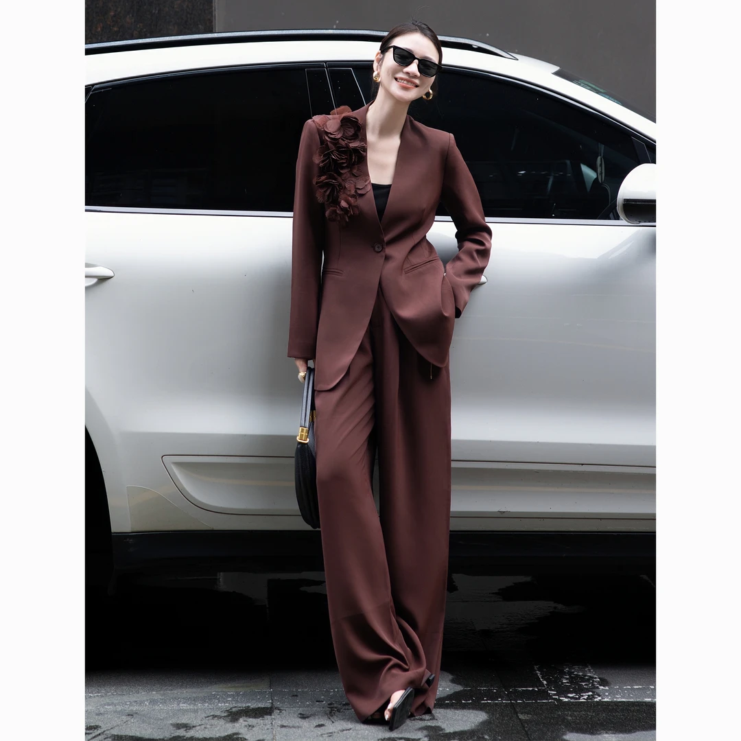 ZEROYK轻奢时尚套装高级感重工订花收腰西服长裤职业两件套