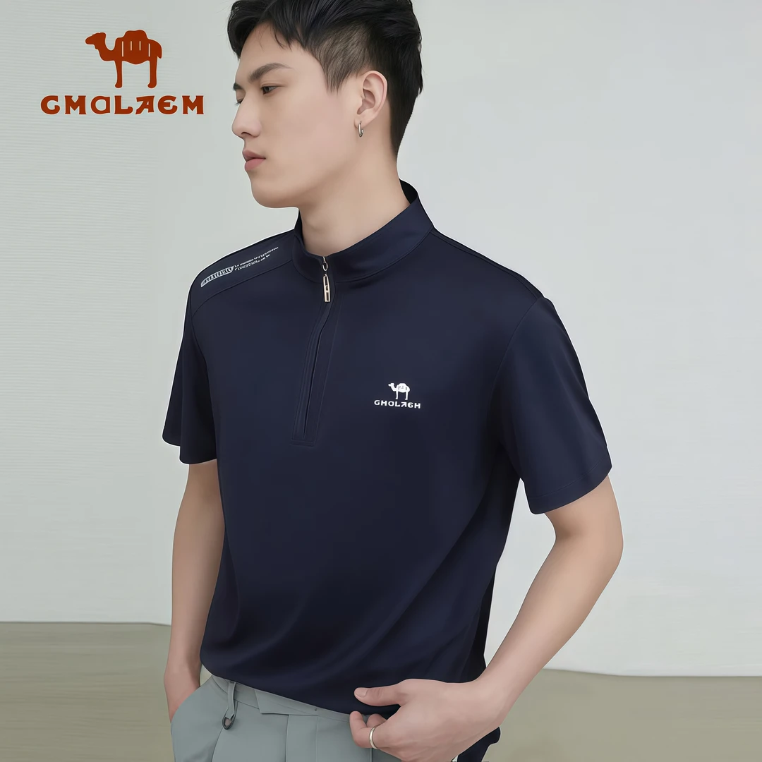 CMDLAEM夏季冰丝T恤男士户外透气速干短袖宽松大码休闲立领半袖