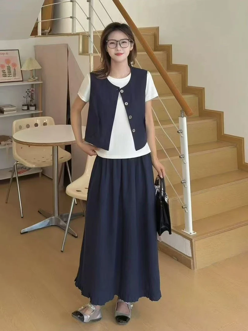 【25888】倩#短袖上衣++马甲+半身裙【三件套】