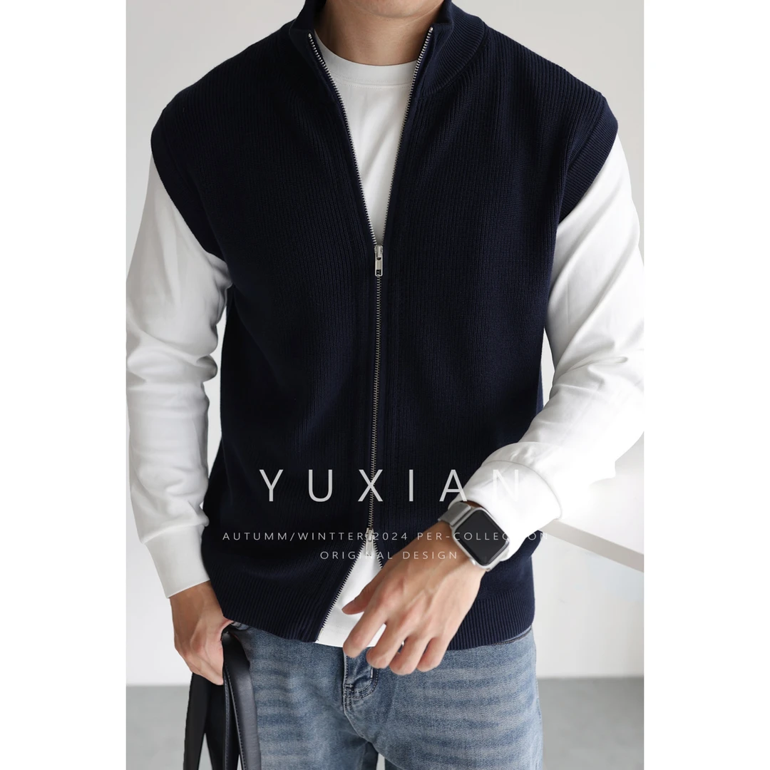 YUXIAN美式复古长绒棉立领马甲针织背心纯棉长袖男士休闲商务春秋