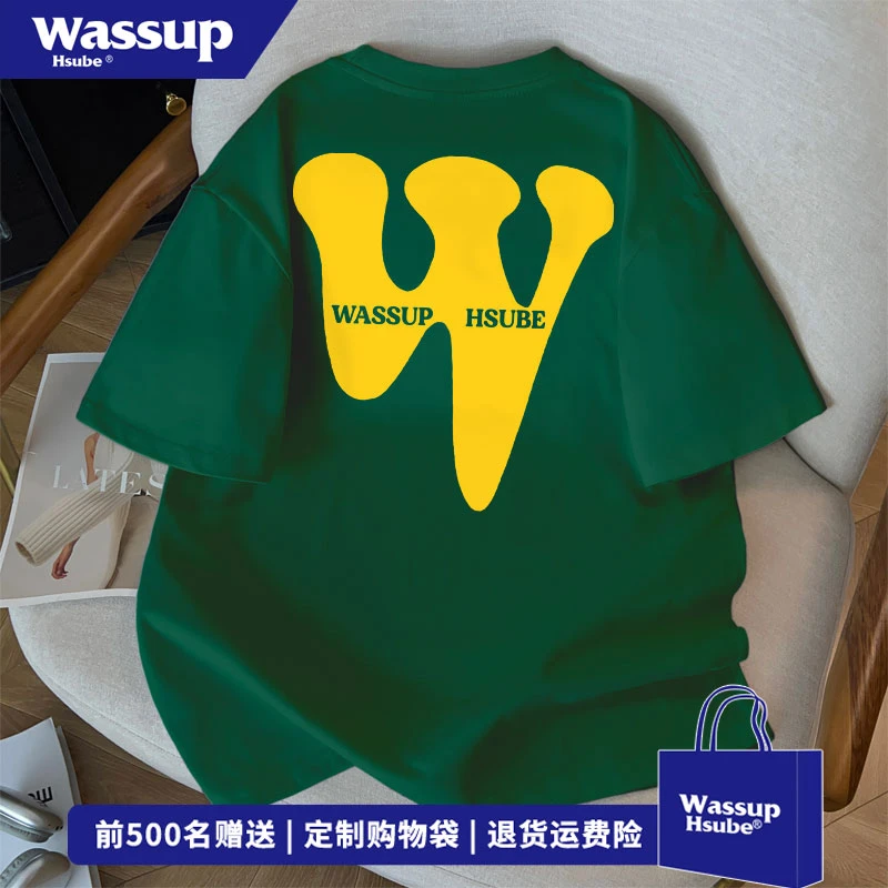WASSUP HSUBE 夏季复古风个性百搭墨绿色上衣小众字母印花纯棉T恤