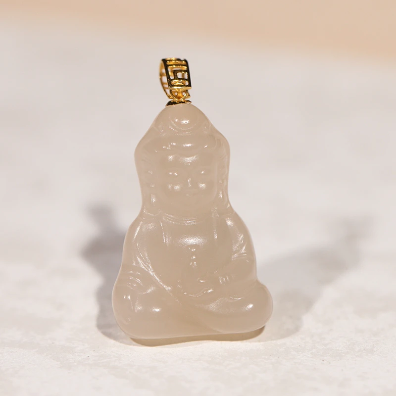 【叶叶珠宝】700 和田玉藕粉观音+18k金镶嵌挂件吊坠23*15.7*6.8mm