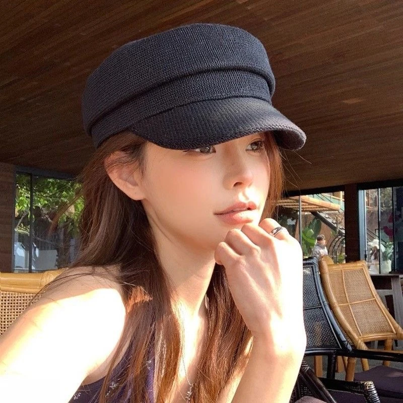 时尚贝雷帽镂空针织八角帽薄款透气韩版大头围时尚蓓蕾帽ins春夏