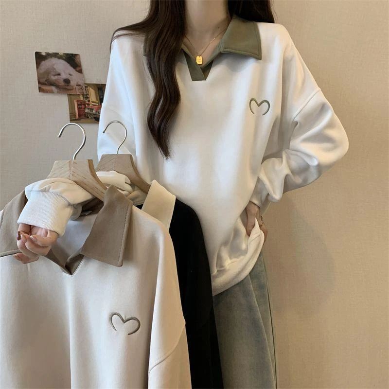 大码女装撞色polo领卫衣女秋季胖mm显瘦宽松设计感慵懒风外套上衣