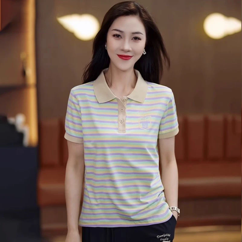 850绿色条纹短袖t恤女夏2025新款爆款夏季妈妈宽松Polo衫上衣女