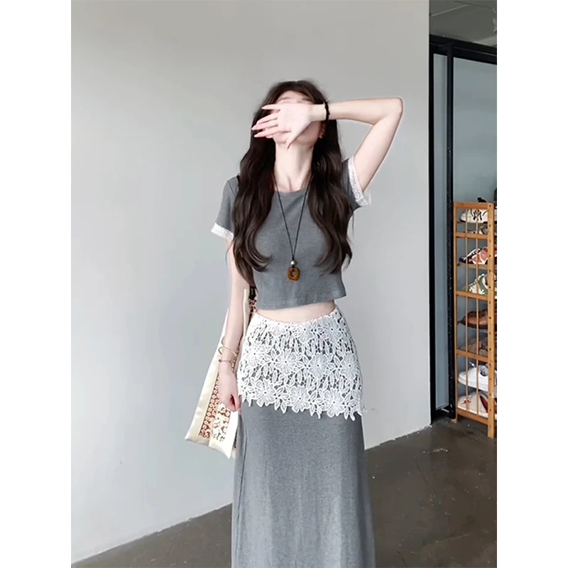 法式气质蕾丝拼接正肩短袖T恤女夏季2025别致半身裙甜美两件套装