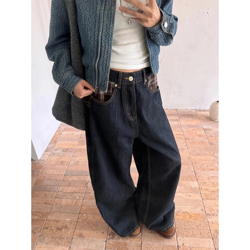 URKR美式复古格子拼接牛仔裤宽松直筒显瘦百搭长裤