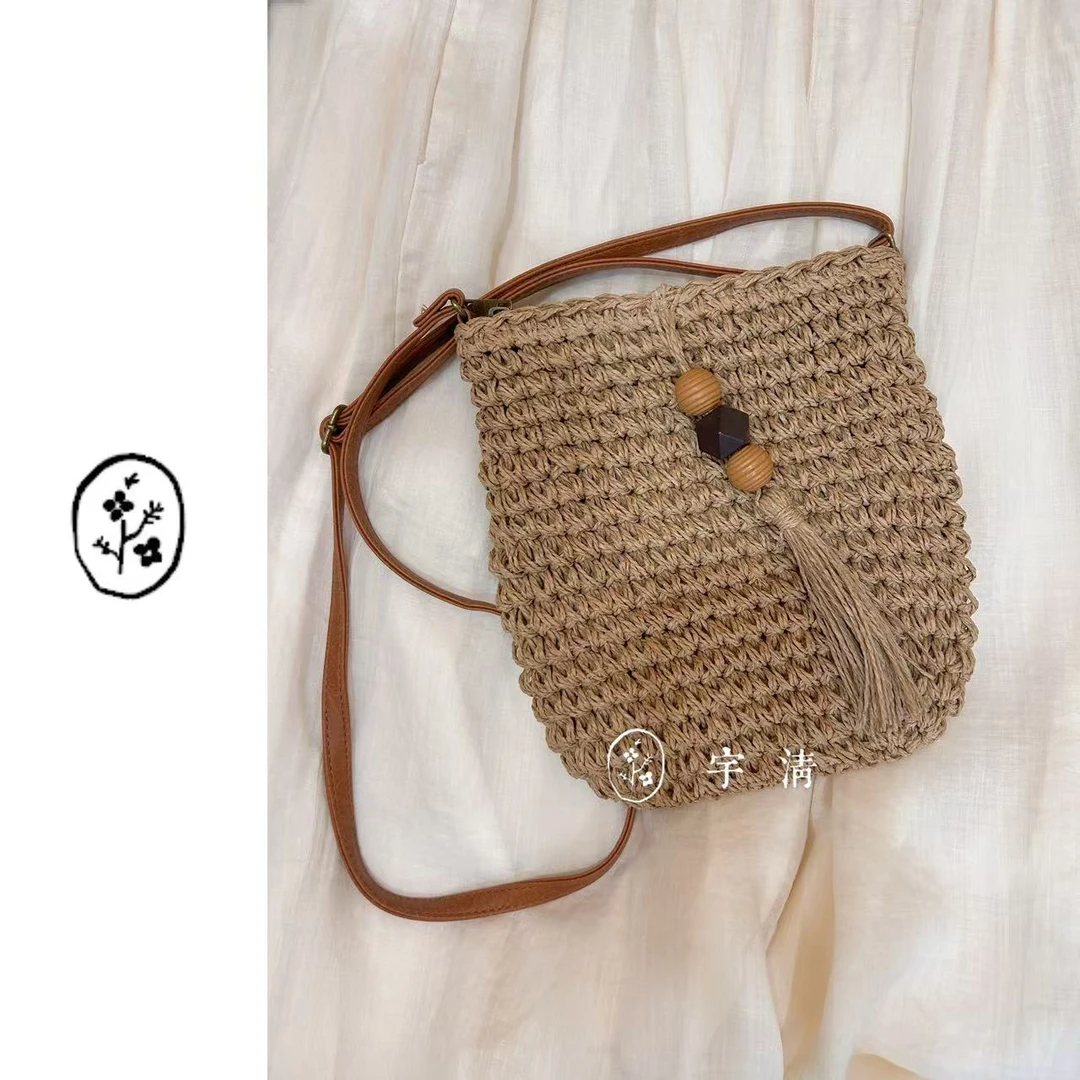 [木珠斜挎包] 斜挎草编包木珠流苏百搭女包