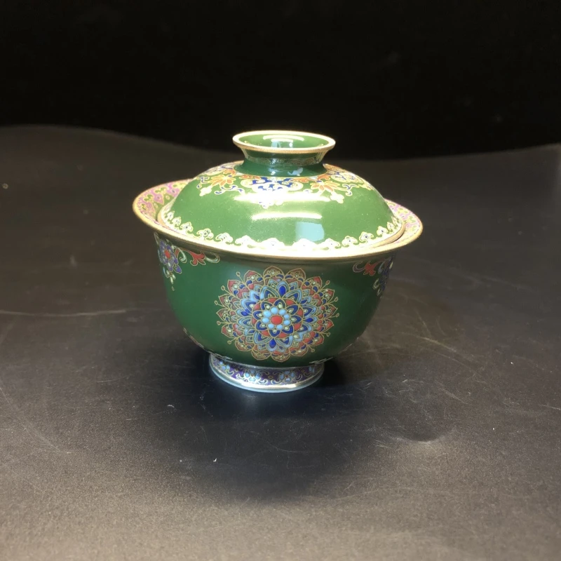 1.3a/N200560/01121/绿地描金二才盖碗/口径8.3/高7/100cc