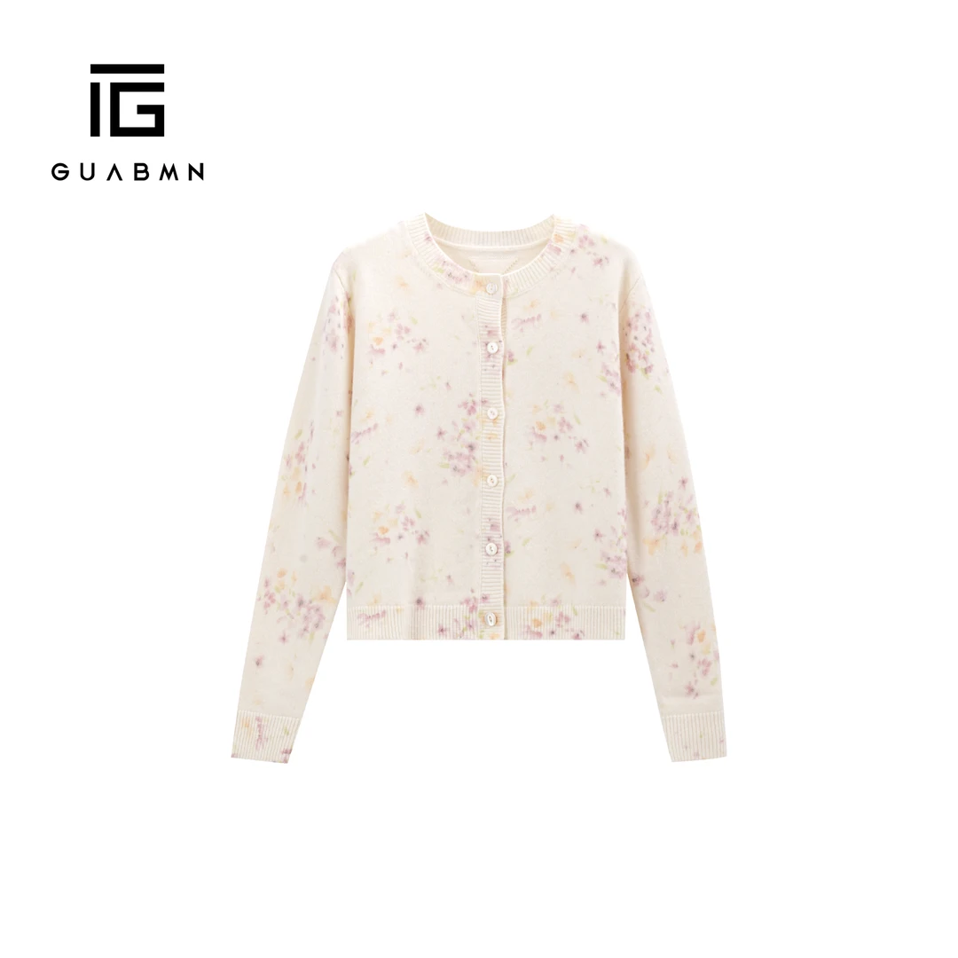 GUABMN2025秋季新品撞色单排扣花朵小碎花收腰长袖针织开衫5728