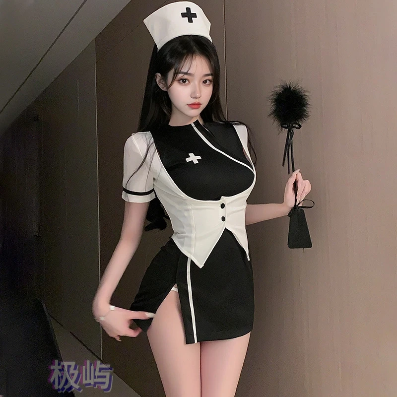 辣妹风镂空显胸短袖修身上衣拼色遮肚连衣裙护士服小众特色小裙子