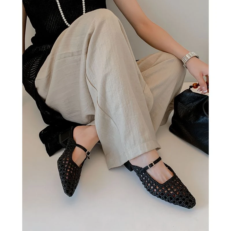 跟高4.5CM/法式镂空编织包头半拖鞋女夏中粗跟懒人拖外穿鞋子