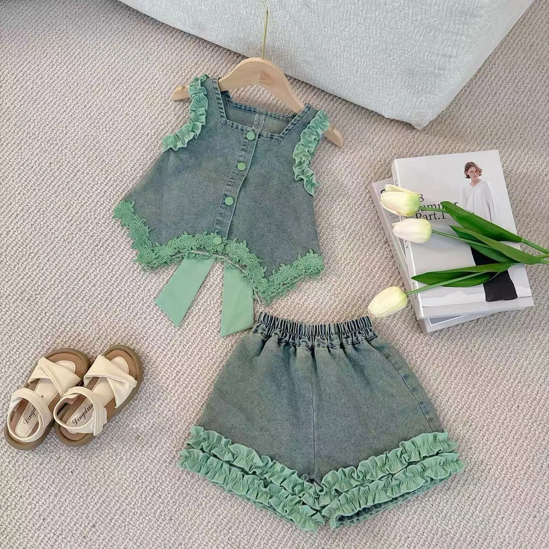 夏季女童洋气牛仔拼接刺绣短裤套装两件套SC40270