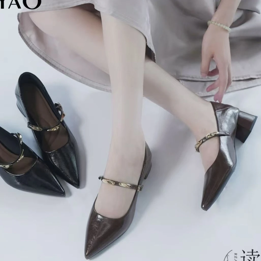 (6)E-55浅口尖头纯色薄款粗跟秋季单鞋气质高智淡人风