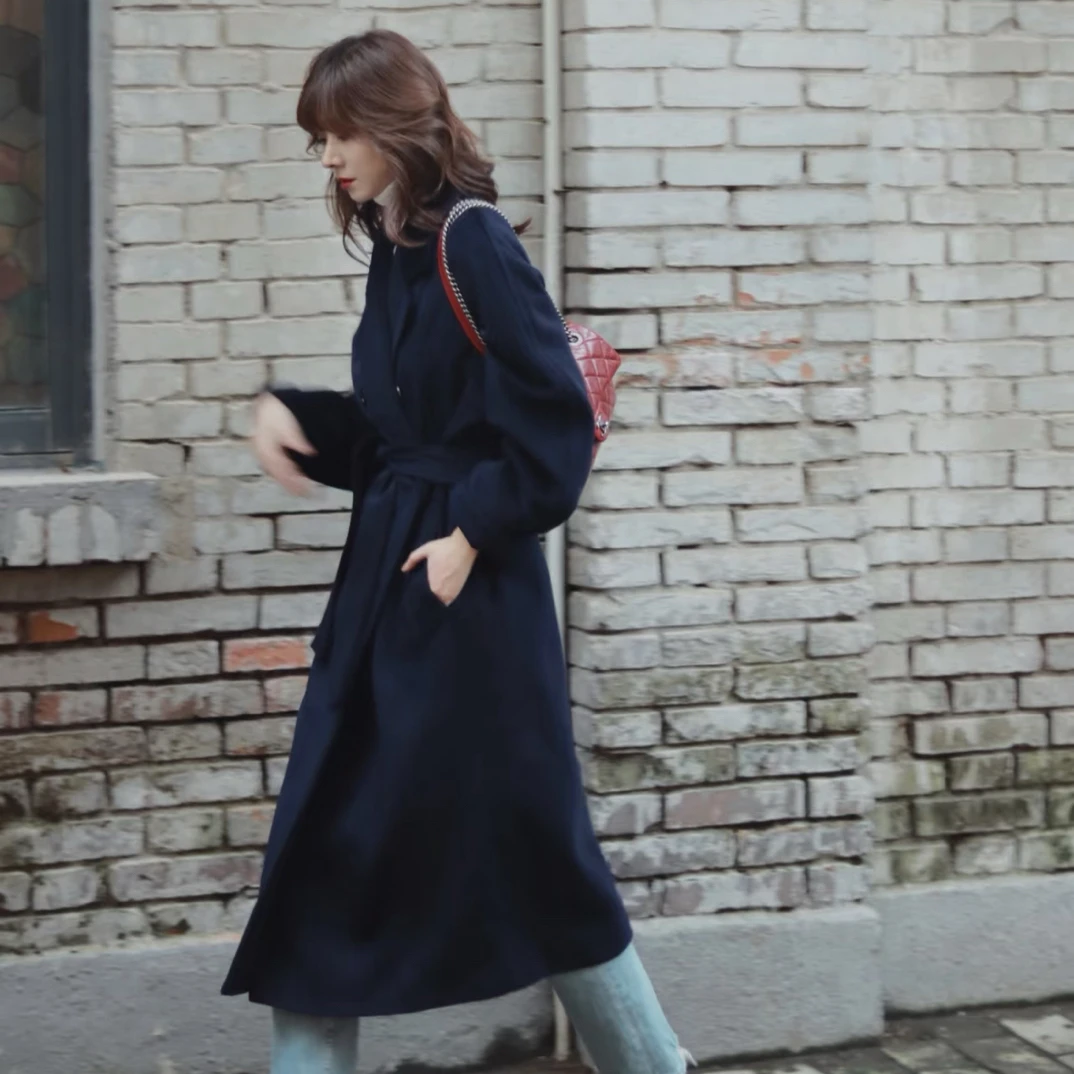未使用 MaxMara Madame 101801 气质深蓝色长款羊毛羊绒大衣