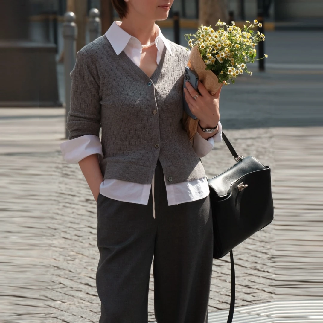 一支探戈丨小个子极简 1oo%绵羊毛假两件拼色修身针织开衫2512016