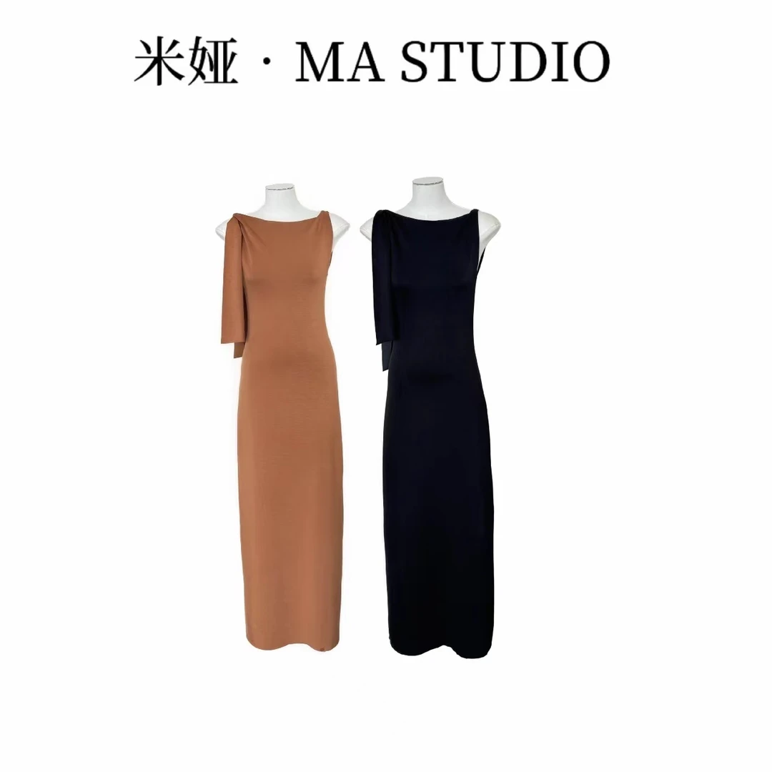 MYTF112米娅.MA自制私服新款修身显瘦性感不对称斜肩飘带连衣裙