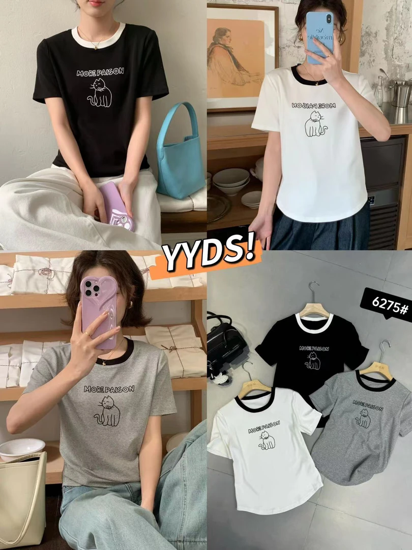 6275 伊歌莉植绒猫咪字母T恤