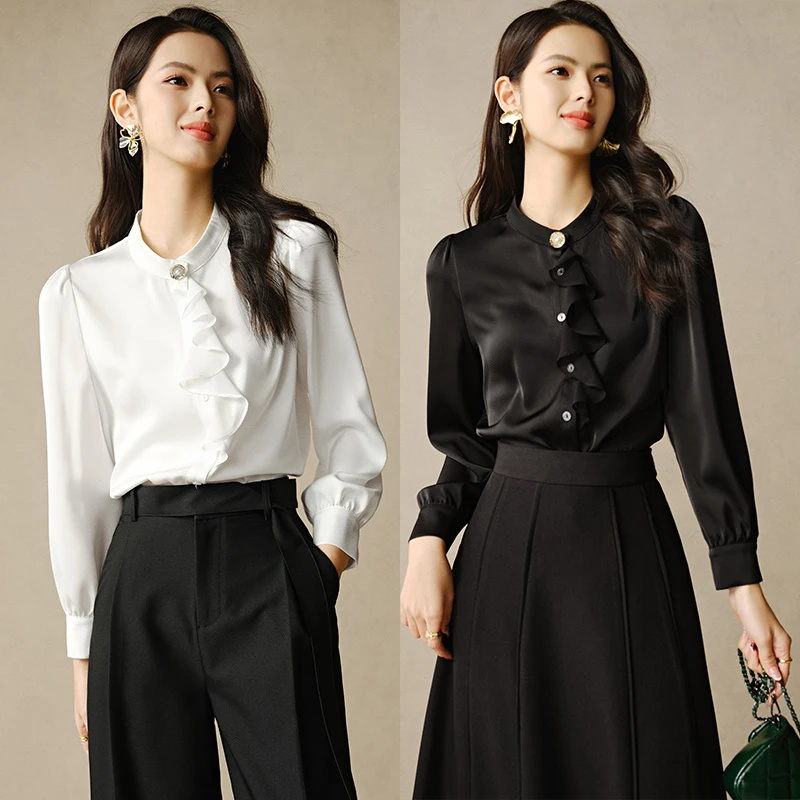 晚白【新品】2025春季新款简约衬衣气质优雅通勤淑女衬衫女24121036