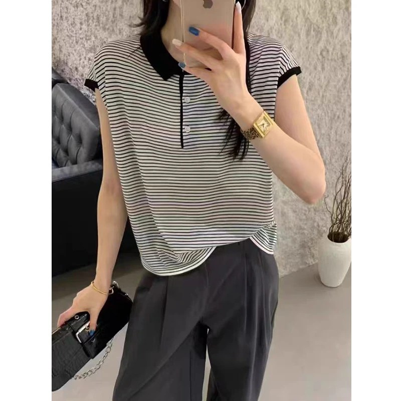 /钢琴条纹/ tt百搭休闲时尚翻领宽松针织女装上衣短袖女士