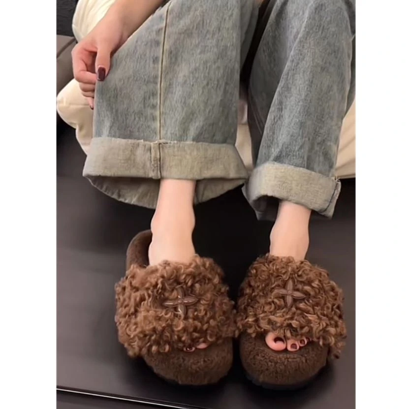 厚底拖鞋十字花夏季新款外穿毛毛鞋羔羔毛一字拖小个子增高女鞋潮