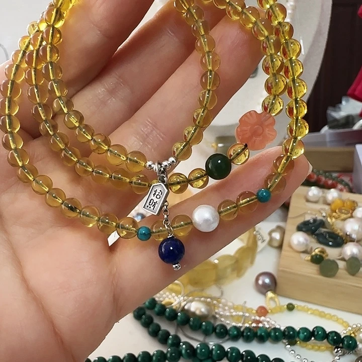 蓝珀足银镶嵌手链蓝珀卡4.8加设计款有结构三圈天然